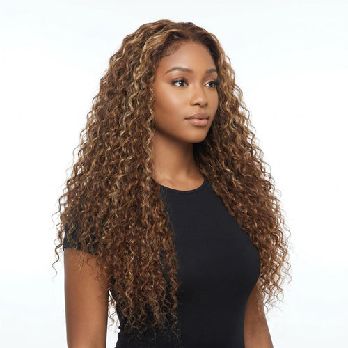 Chocolate Brown Deep Wave Lace Front Wig – Long Curly Highlight Human Hair Wig | Glueless HD Lace | Vivant Wigs